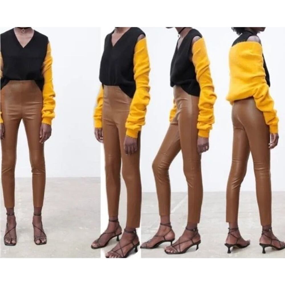 Zara Brown High Waisted Faux Leather Leggings Vegan Cognac Suede Lined Pants - Picture 13 of 14